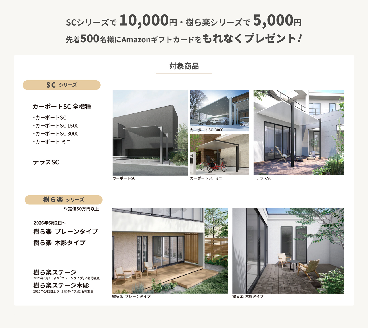 リクシルのSCシリーズで1万円分、樹ら楽シリーズで5千円分のアマゾンギフトカードを、先着500名様にもれなくプレゼント。対象商品の詳細につきましては最寄りのグランド工房各店にお問い合わせください。