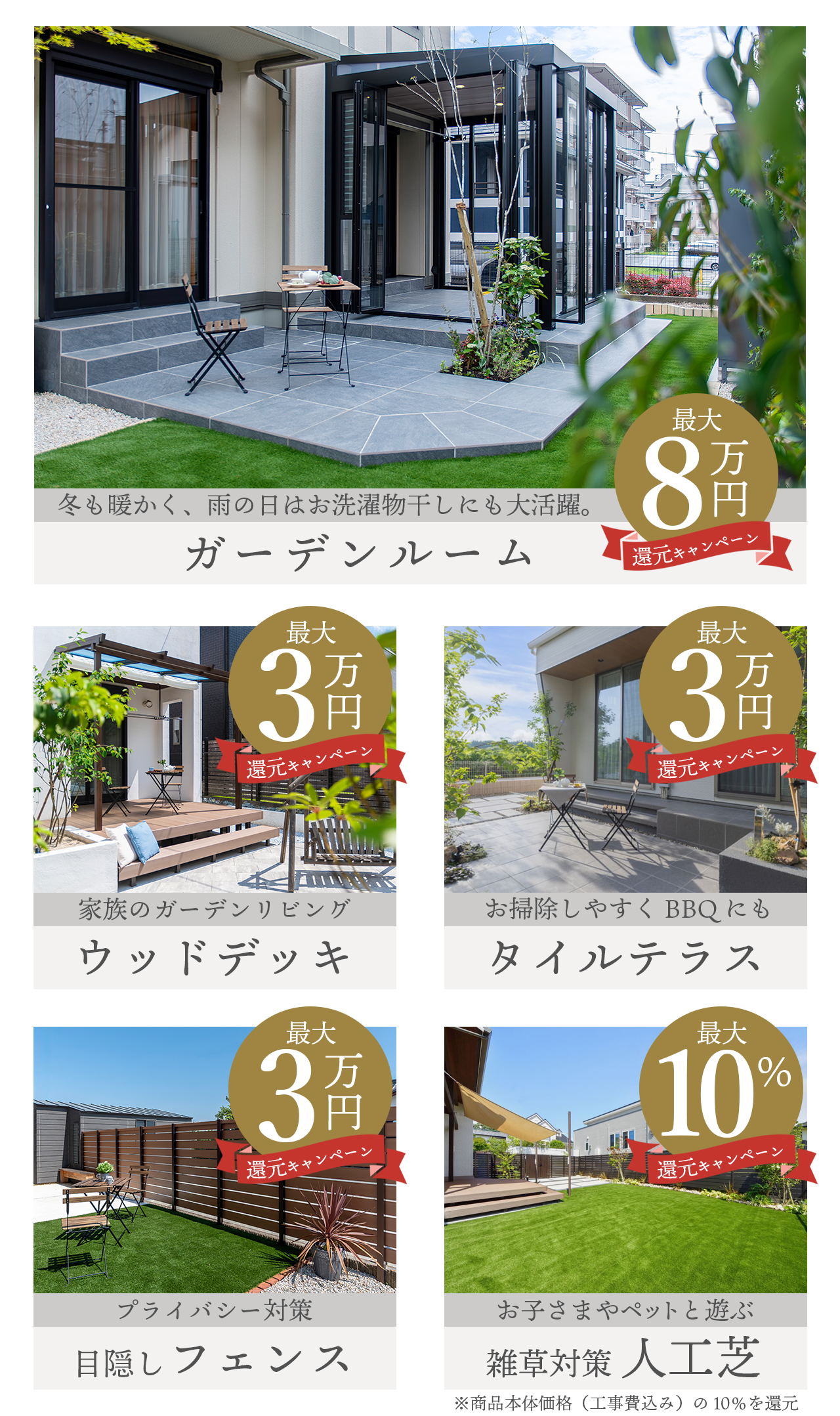 ガーデンルーム、ウッドデッキ、タイルテラス、目隠しフェンス、雑草対策に人工芝、人気商品が最大８万円還元