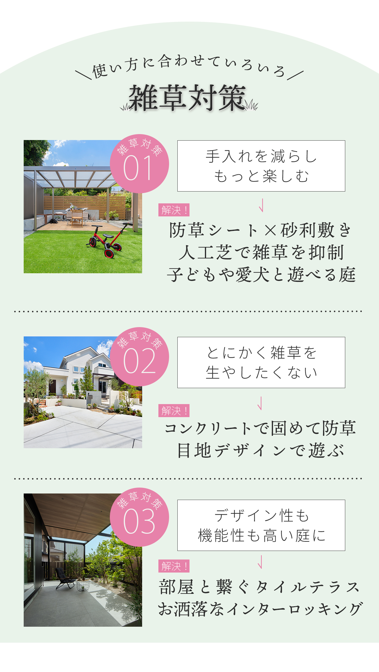 使い方に合わせていろいろ 雑草対策3つ