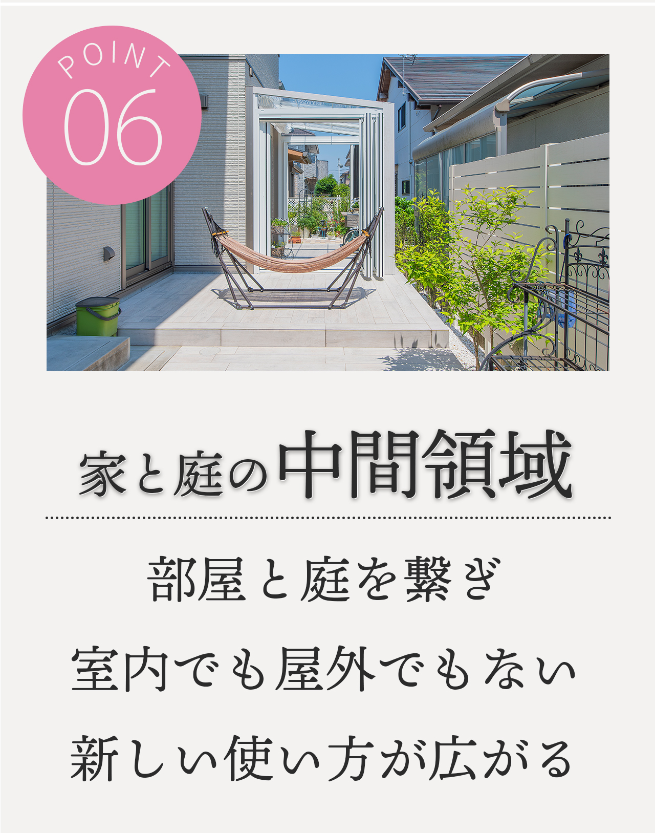 POINT6 家と庭の中間領域 部屋と庭を繋ぎ室内でも屋外でもない新しい使い方が広がる