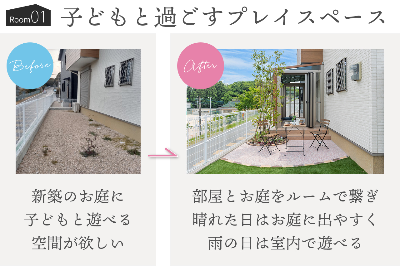 ガーデンルーム施工事例1 季節や天候に合わせて室内と屋外、子どもと過ごすプレイスペース
