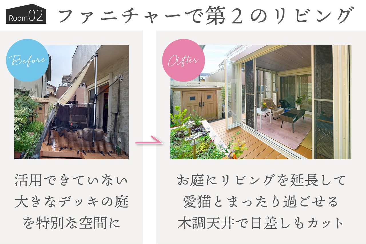 ガーデンルーム施工事例2 活用できていないデッキが、ファニチャーを置いた第二のリビングに