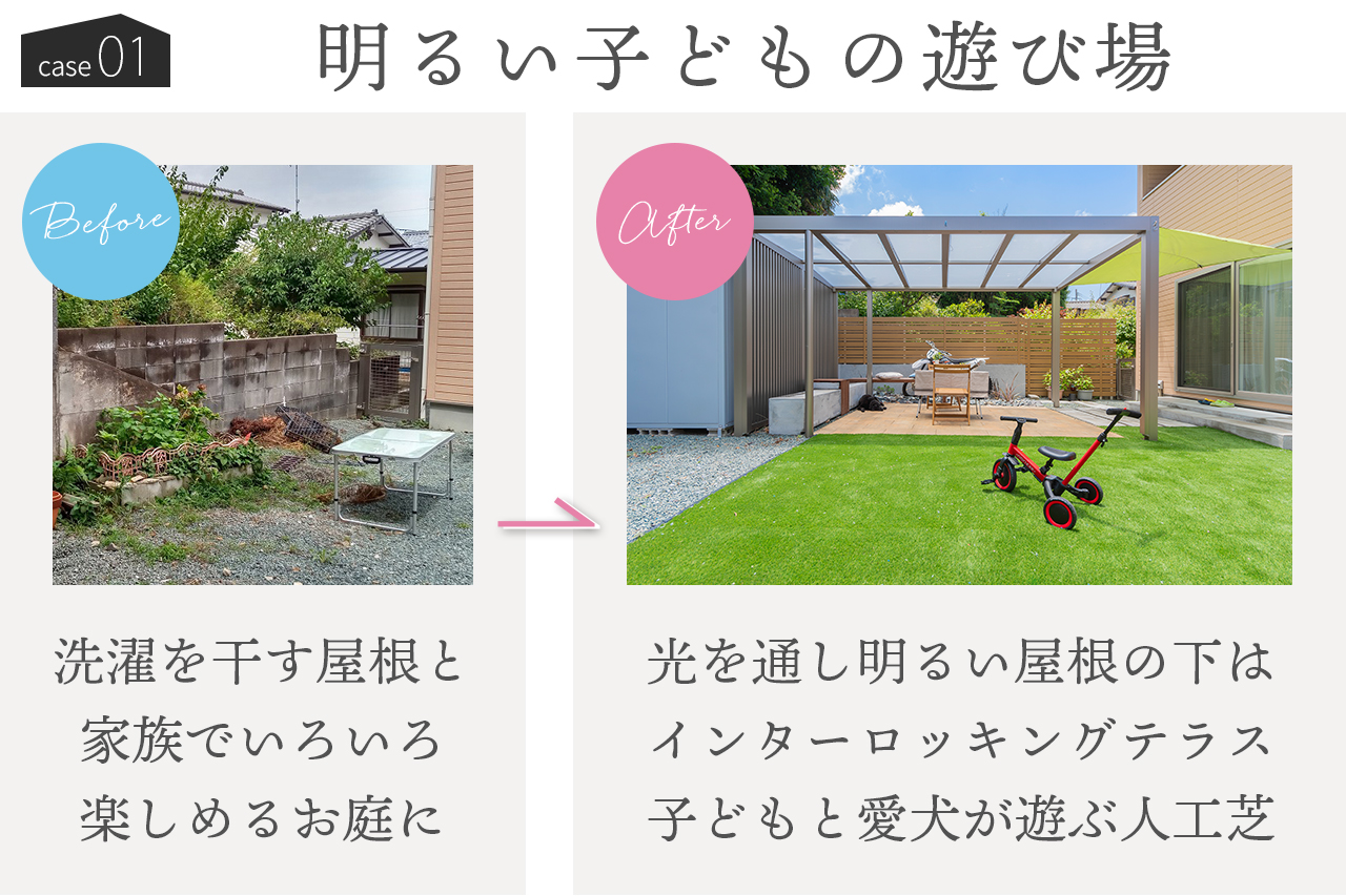 雑草対策施工事例1 独立屋根のインターロッキングテラスと、ふかふか心地よい人工芝の、明るい子どもの遊び場。