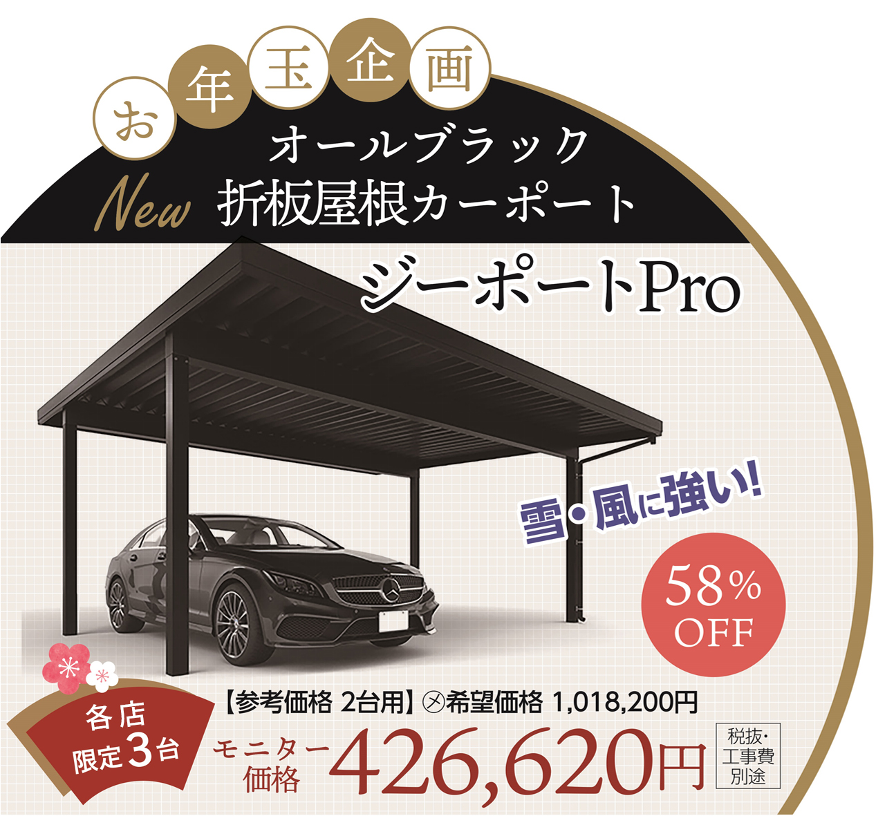 オールブラック折板屋根カーポート「ジーポートPro」モニター価格キャンペーン各店限定3名様