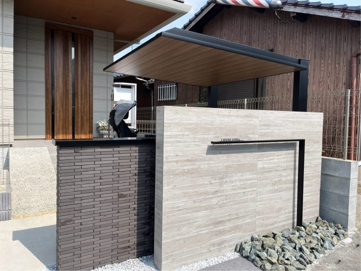タイル タカショー セラウォール 表札 モダン 外構 自転車屋根