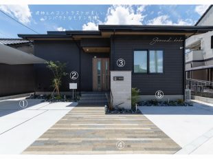 新築外構　モダン　シンプル　格好良い　コンパクト　門塀　タイル　カーポートSC　栗石　植栽　独立ポスト